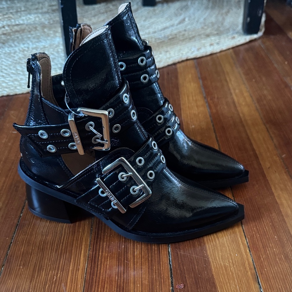 Ganni Shiny Black Buckle booties.